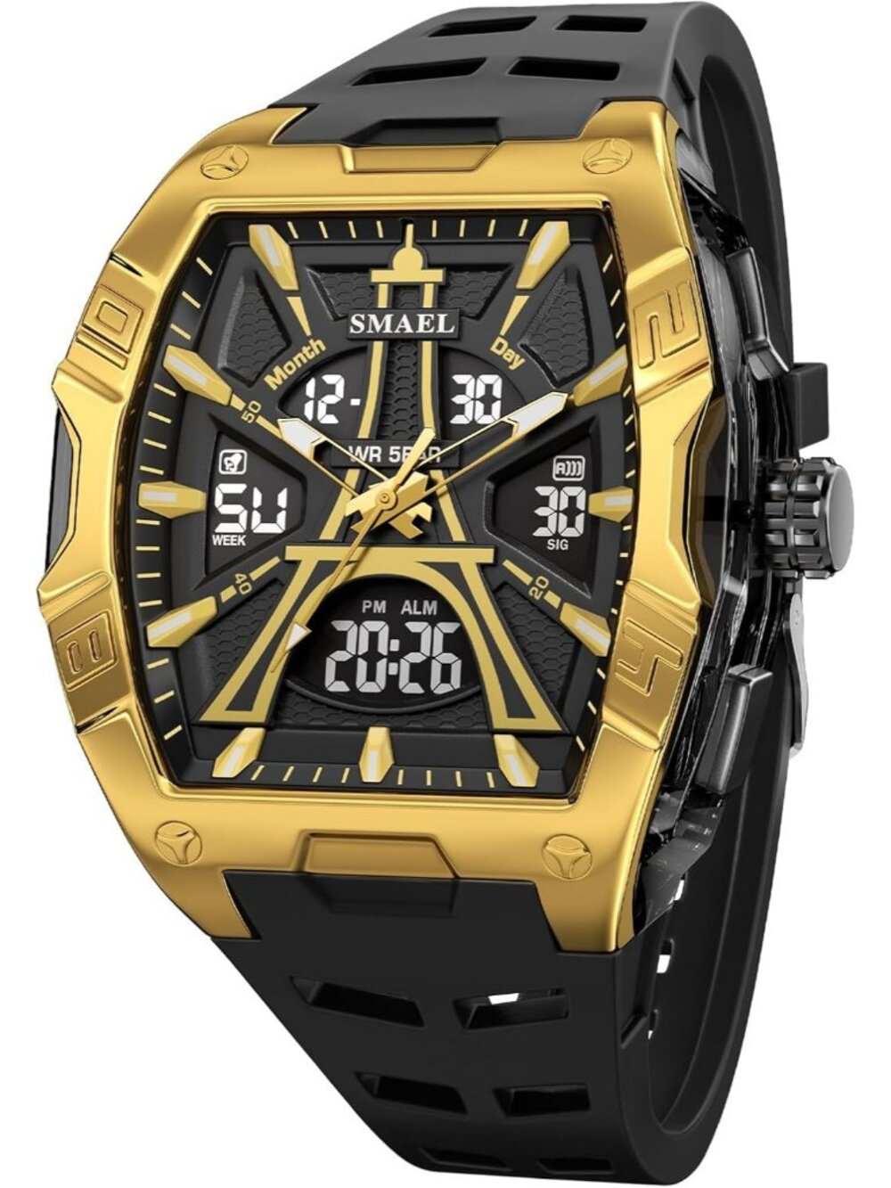 Men's Black Gold Tonneau Analog Digital LED Backlight Silicone Band Wrist Watch